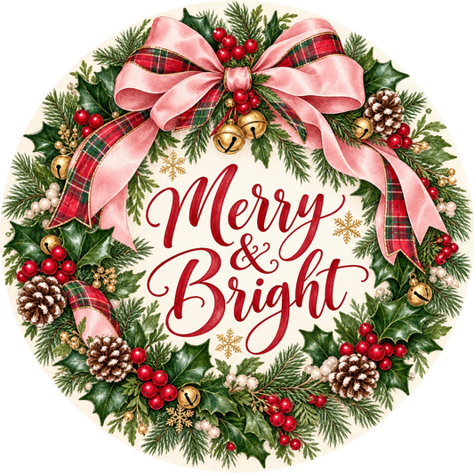Merry and Bright Pink Bow Metal / Vinyl Sign - Made in USA