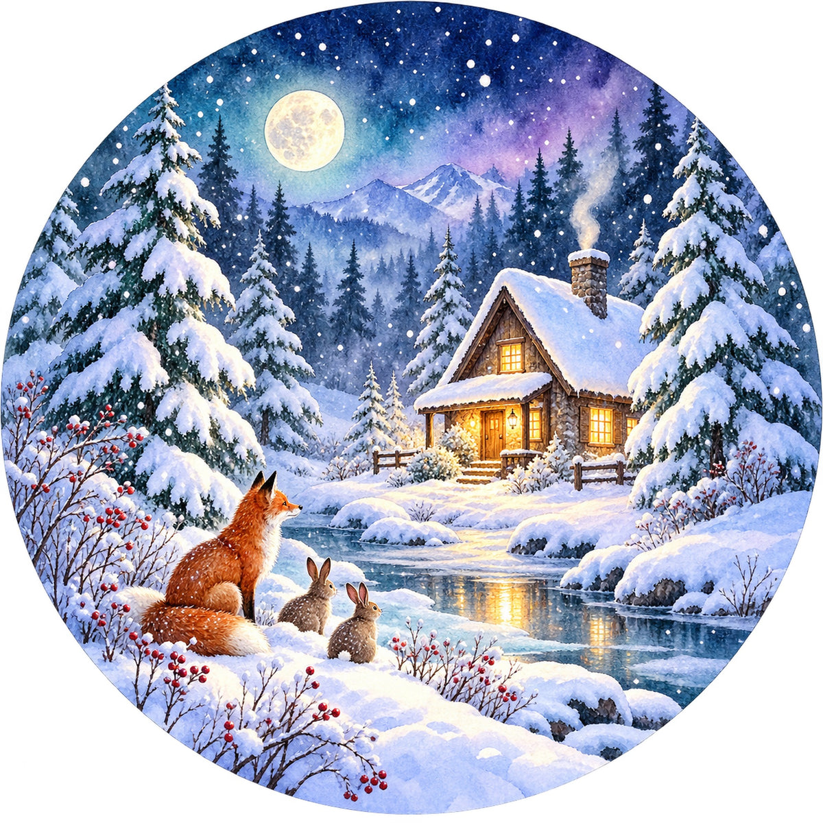 Moonlit Winter Cabin Fox Metal / Vinyl Sign - Made in USA