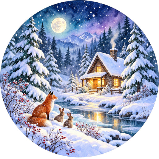 Moonlit Winter Cabin Fox Metal / Vinyl Sign - Made in USA