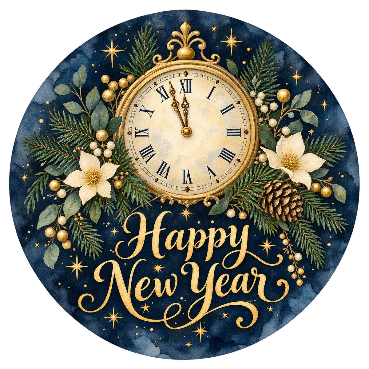 Happy New Year Midnight Clock Metal / Vinyl Sign - Made in USA