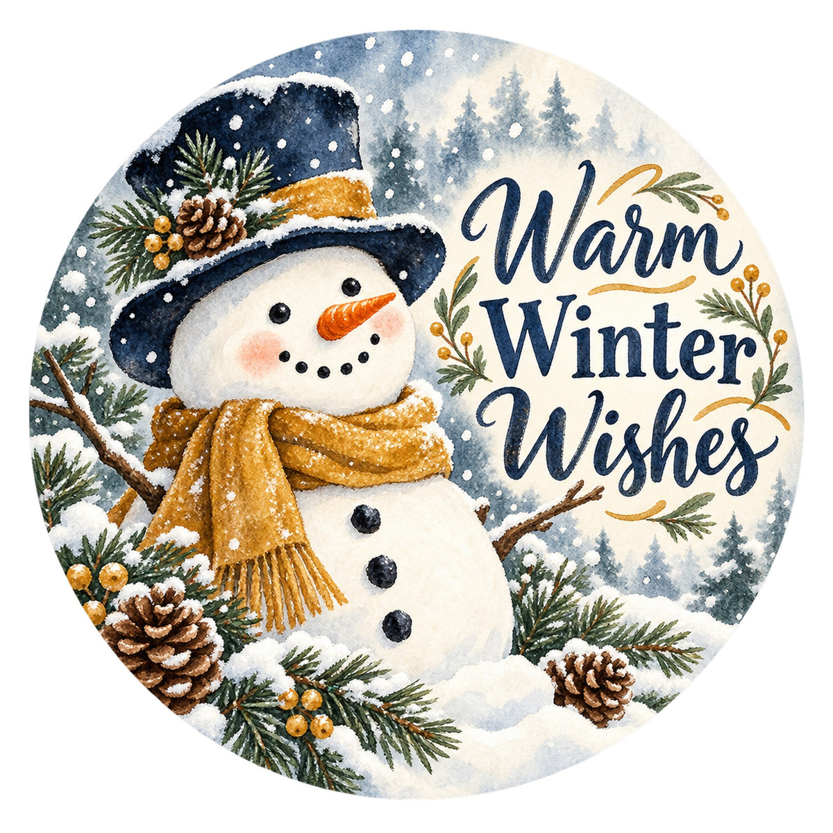 Warm Winter Wishes Snowman Gold Scarf Metal / Vinyl Sign - Made in USA