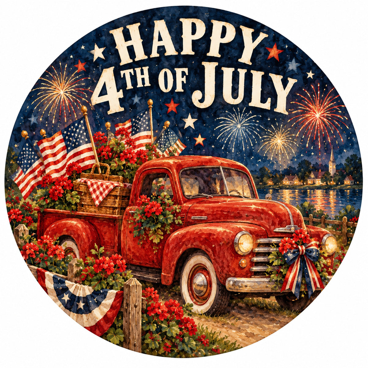 Happy 4th of July Red Truck Metal / Vinyl Sign - Made in USA