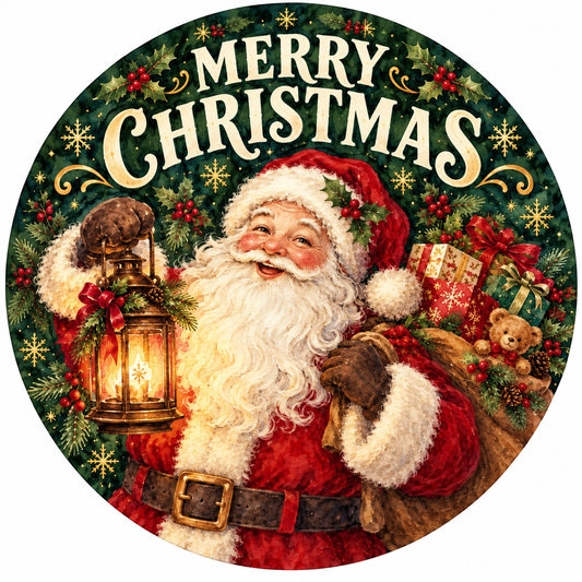 Merry Christmas Santa Lantern Metal / Vinyl Sign - Made in USA