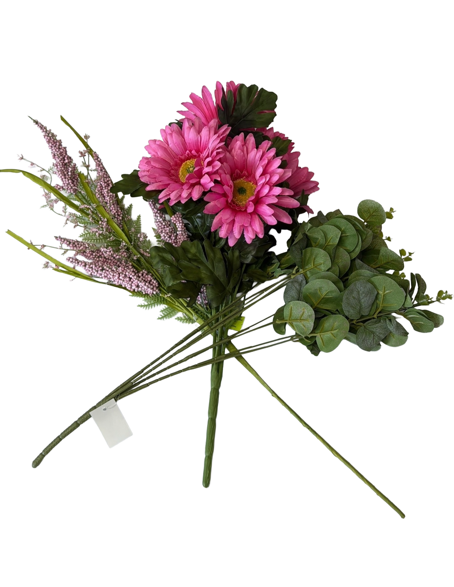 Artificial Floral Stems – 20" Eucalyptus Bush (4 Stems), 26" Pink Heather Spray, 20" Pink Satin Gerber Daisy Bush (7 Stems) - Set of 3