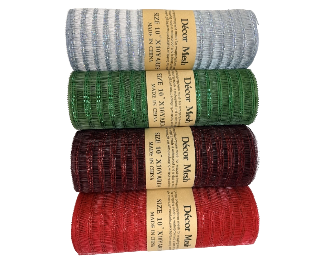 10 Inch x 10 Yards - Deco Mesh Laser Eyelash Silver, Old Willow, Burgundy & Red - Pack Of 4