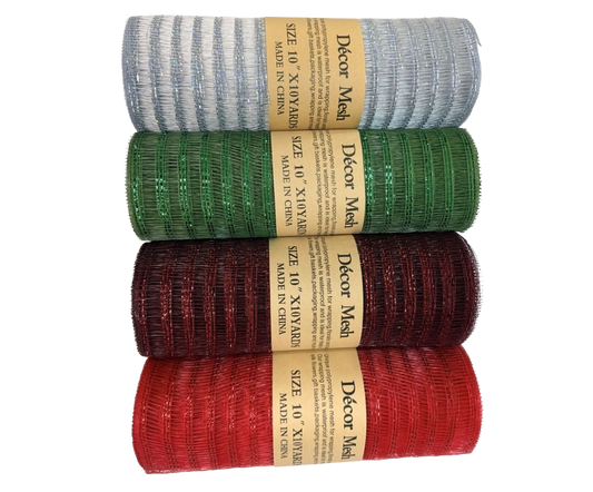 10 Inch x 10 Yards - Deco Mesh Laser Eyelash Silver, Old Willow, Burgundy & Red - Pack Of 4
