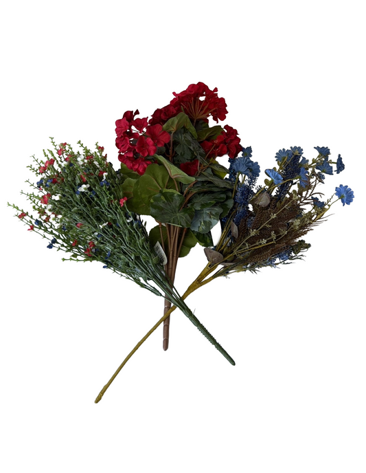 Artificial Floral Stems – 21" Red White Blue Flowering Bush, 24" Blue Mixed Fall Filler Spray, 19" Red Geranium Bush (15 Stems) - Set of 3