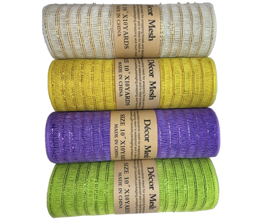 10 Inch x 10 Yards - Deco Mesh Laser Eyelash Apple Green, Ivory, Yellow & Lavender - Pack Of 4