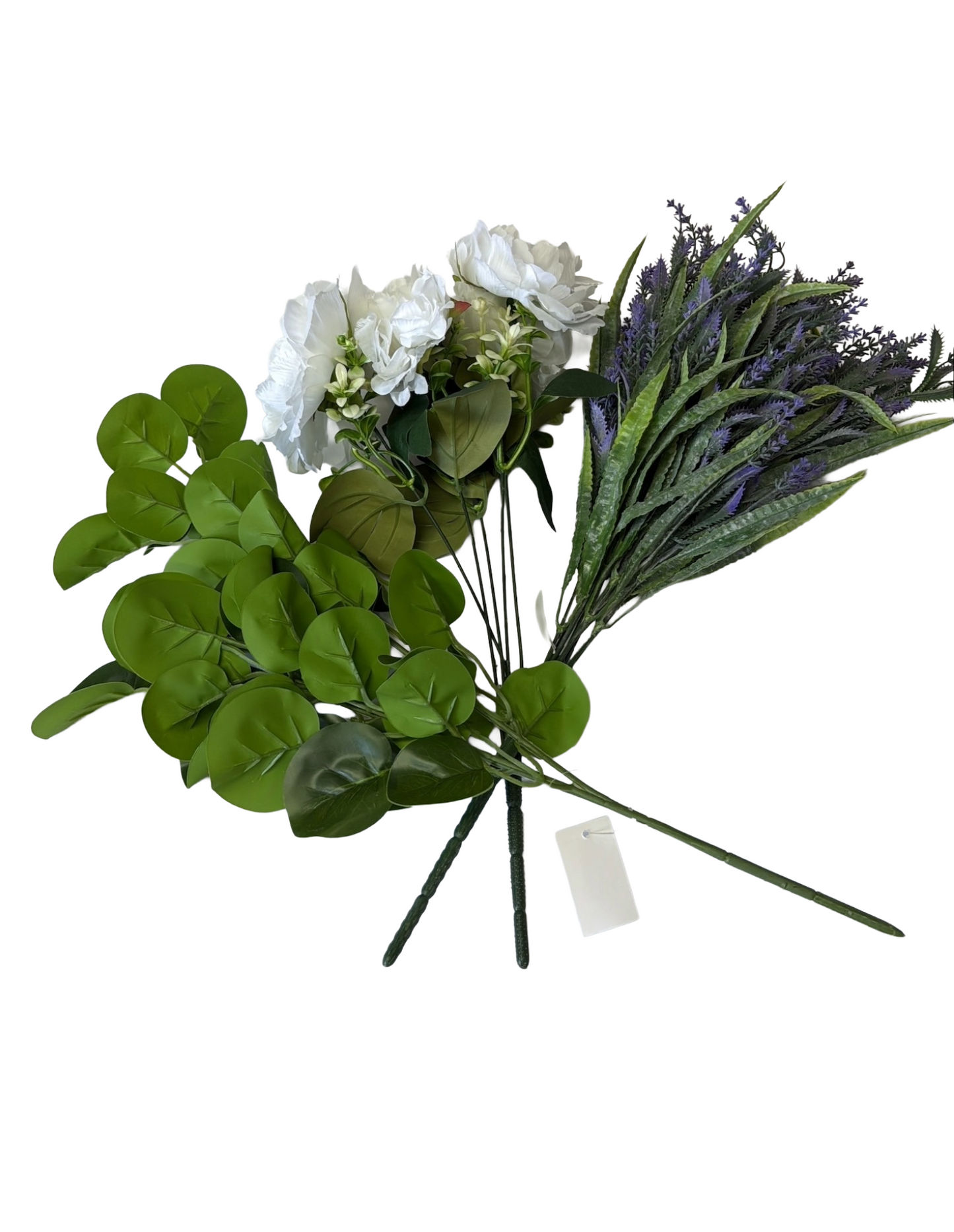 Artificial Floral Stems – 19" Green Eucalyptus Spray, 18" White Peony Rose Bush, 23" Lavender Bush (12 Stems) - Set of 3