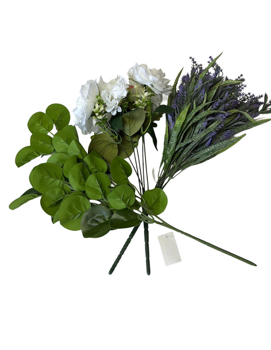 Artificial Floral Stems – 19" Green Eucalyptus Spray, 18" White Peony Rose Bush, 23" Lavender Bush (12 Stems) - Set of 3