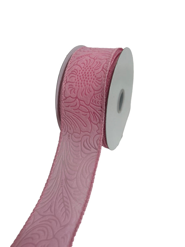 Pink Flower Embossed Wired Ribbon - 1-1/2 Inch x 10 Yards