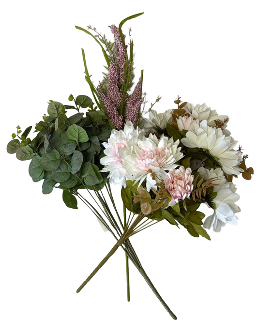 Artificial Floral Stems – 20" Eucalyptus Bush (4 Stems), 26" Pink Heather Spray, 19" Mixed Flower Bush (11 Stems) - Set of 3