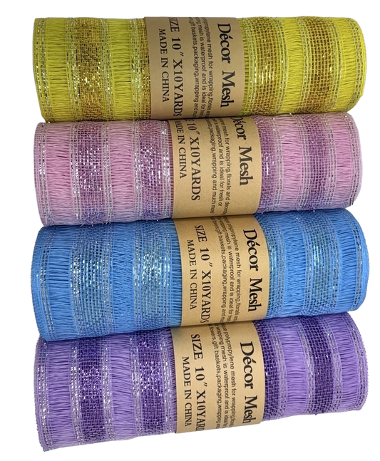 10 Inch x 10 Yards Deco Mesh Eyelash Metallic Stripes Light Pink, Light Blue, Yellow & Lavender - Pack Of 4