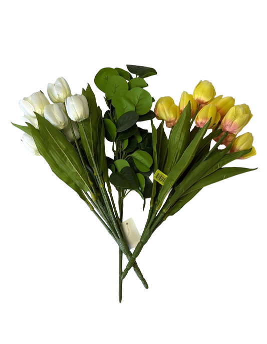 Artificial Floral Stems – 19" Green Eucalyptus Spray, 17" Yellow Tulip Bush (12 Stems), 17" Cream Tulip Bush (12 Stems) - Set of 3