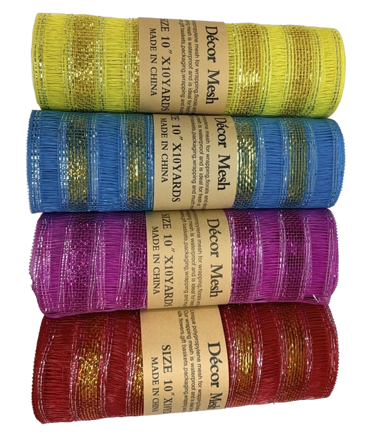 10 Inch x 10 Yards Deco Mesh Eyelash Metallic Stripes Yellow, Red, Turquoise & Hot Pink - Pack Of 4