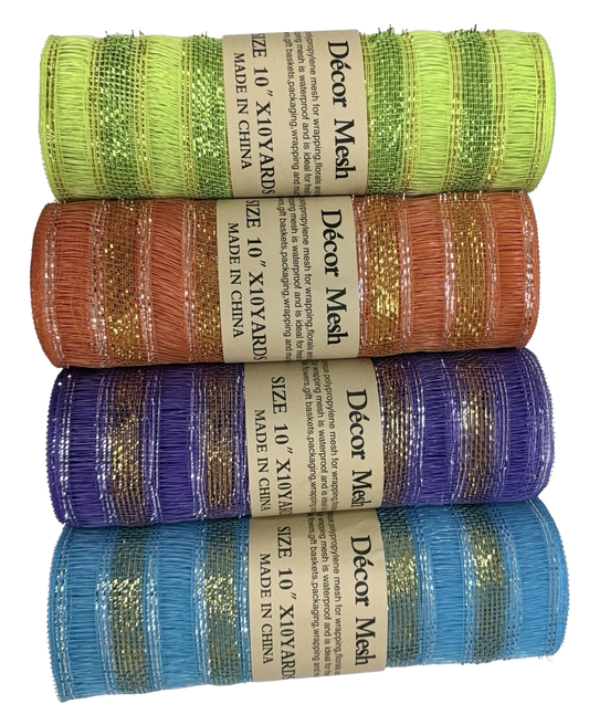 10 Inch x 10 Yards Deco Mesh Eyelash Metallic Stripes Apple Green, Orange, Purple & Turquoise - Pack Of 4