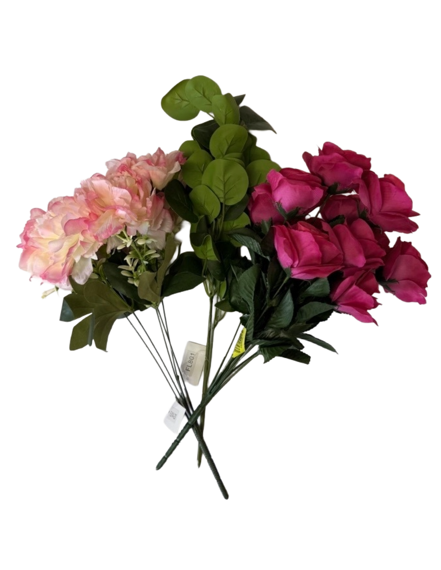 Artificial Floral Stems – 19" Green Eucalyptus Spray, 18" Peach Artificial Flower Spray (5 Stems), 17" Lillian Open Rose Bush (12 Stems) - Set of 3