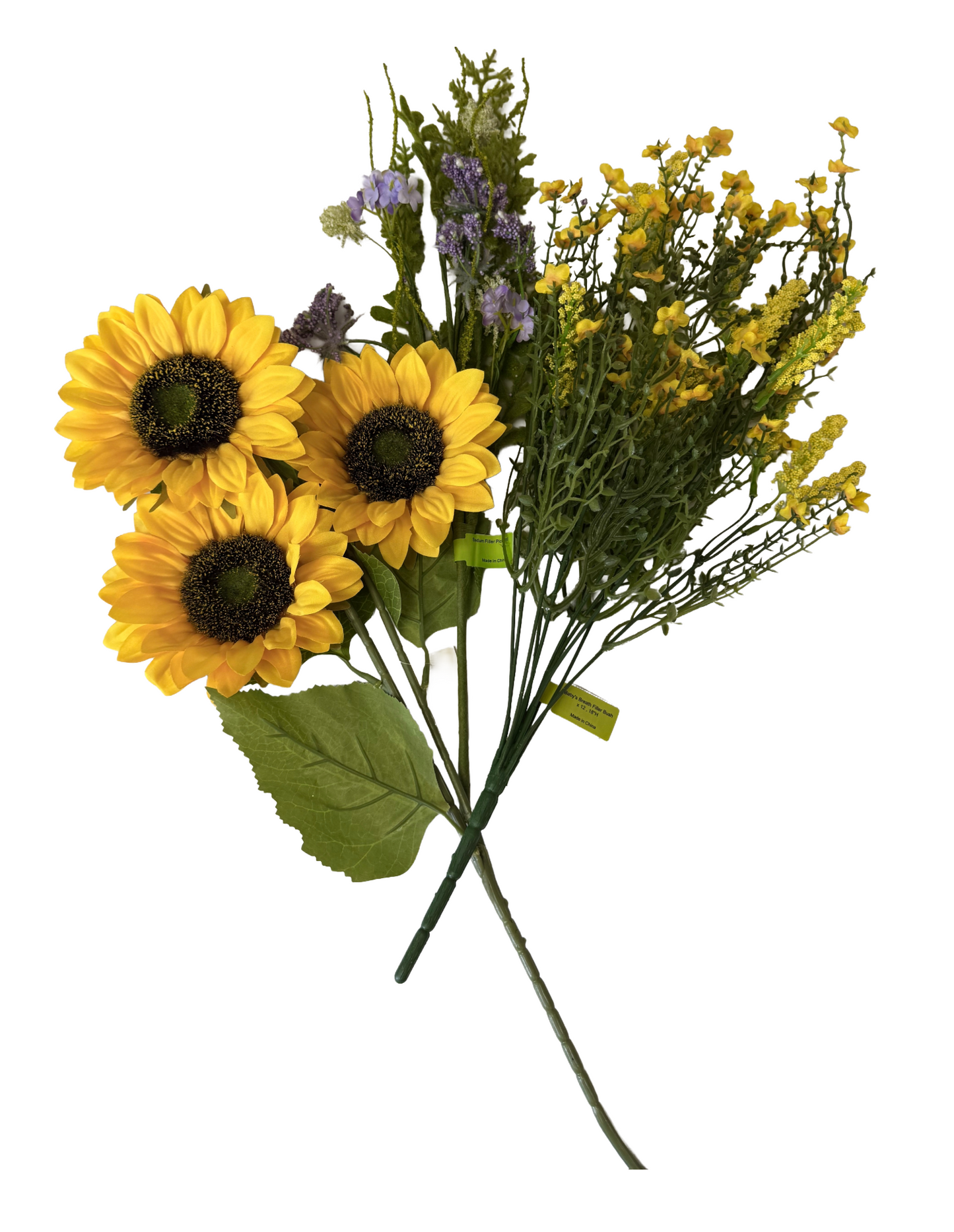 Artificial Floral Stems – 34" Sunflower Pick, 18" Purple Sedum Filler Pick, 18" Yellow Baby’s Breath Filler Bush (12 Stems) - Set of 3