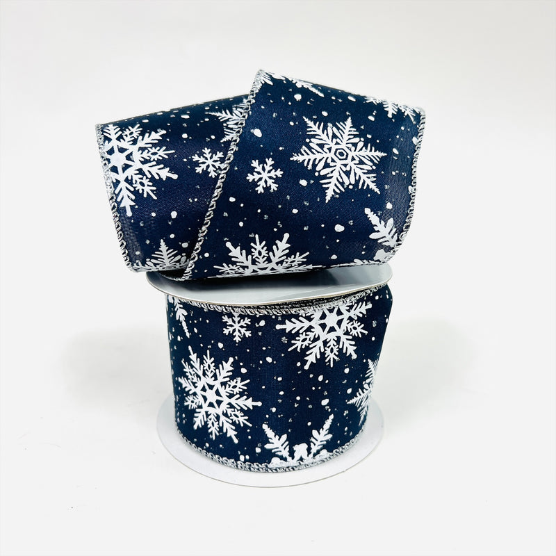 Christmas Holiday Navy Snowflake Gift Wrap Ribbon Linen - 2.5 Inch x 10 Yards