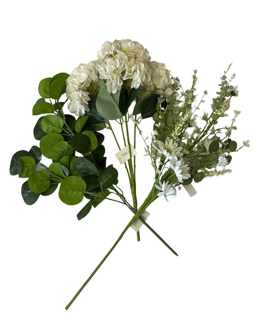 Artificial Floral Stems – 18" White Hydrangea (5 Stems), 19" Green Eucalyptus Spray, 27" Cream Mixed Daisy Spray - Set of 3