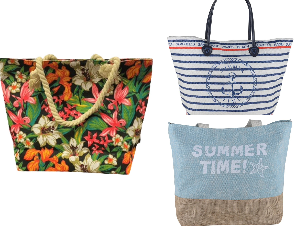 Women’s Beach Tote Bags Combo Set of 3 – Floral, Summer Time & Striped Pattern Large Canvas Pool & Travel Totes