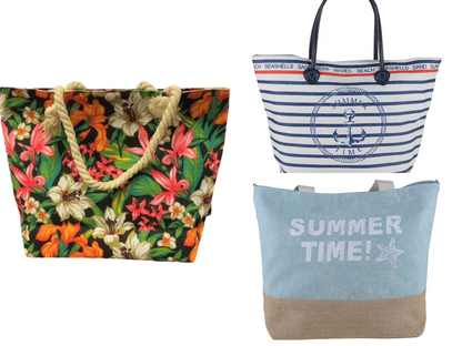 Women’s Beach Tote Bags Combo Set of 3 – Floral, Summer Time & Striped Pattern Large Canvas Pool & Travel Totes