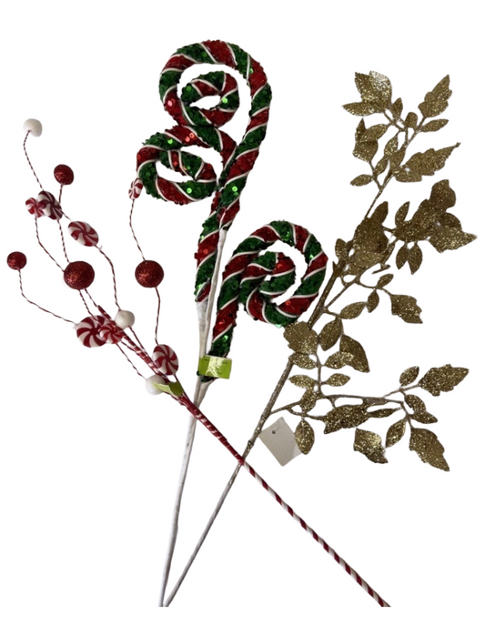 Decorative Holiday Sprays – 28" Gold Glitter Leaves Spray, 28" Red White Green Sequin Spiral Curly Spray (3 Stems), 28" Red White Peppermint Candy & Ball Spray (5 Stems) - Set of 3