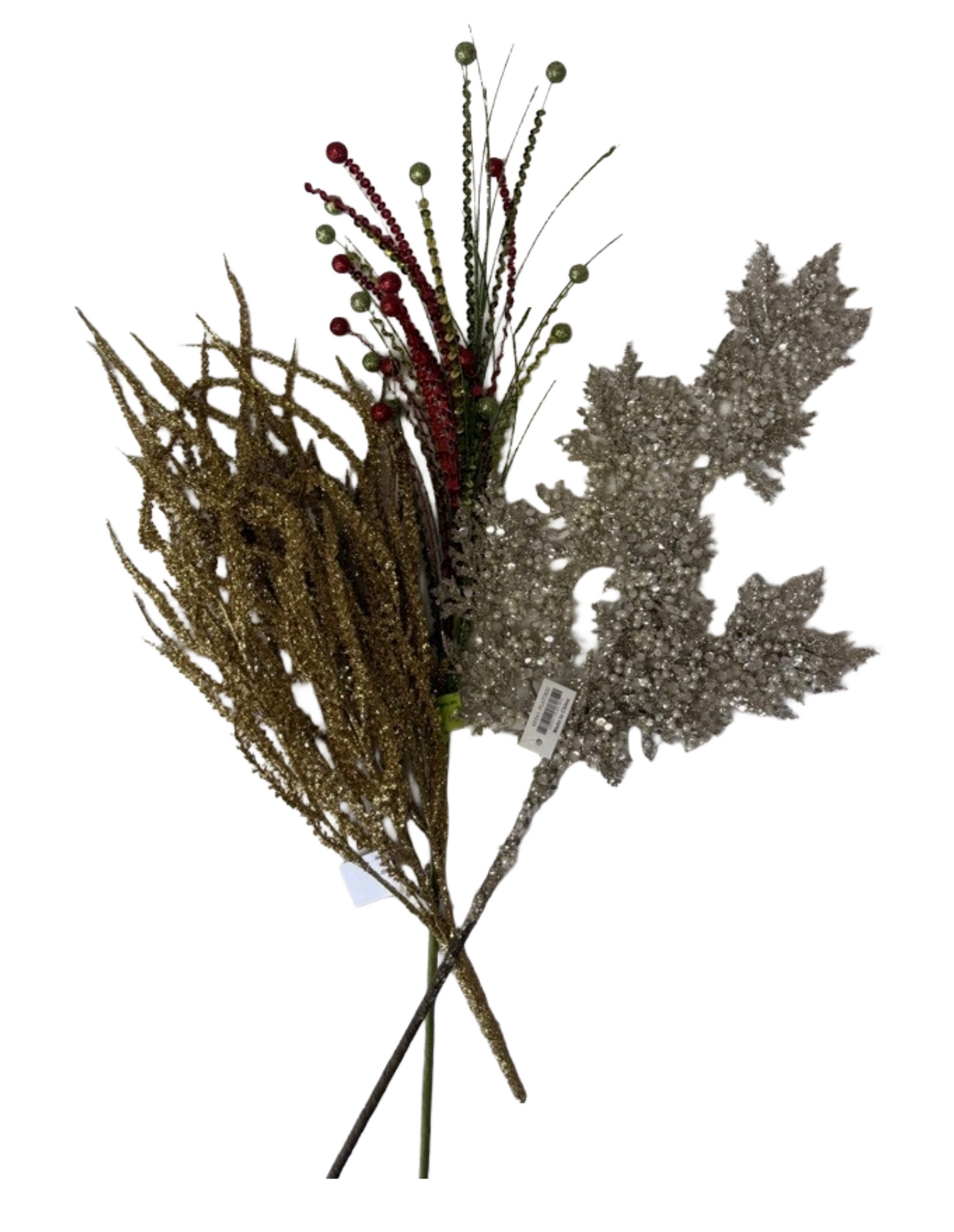 Decorative Holiday Sprays – 26" Red Green Sequins Glitter Ball Spray, 22" Gold Glitter Willow Spray, 27.5" Platinum Glitter Sequin Pearl Spray - Set of 3