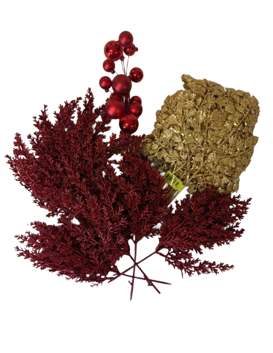 Christmas Decorative Picks – 14" Gold Glitter Leaves Pick, 16" Red Ornament Ball Pick, 14" Red Glitter Pick (6 Pieces) - Set of 3