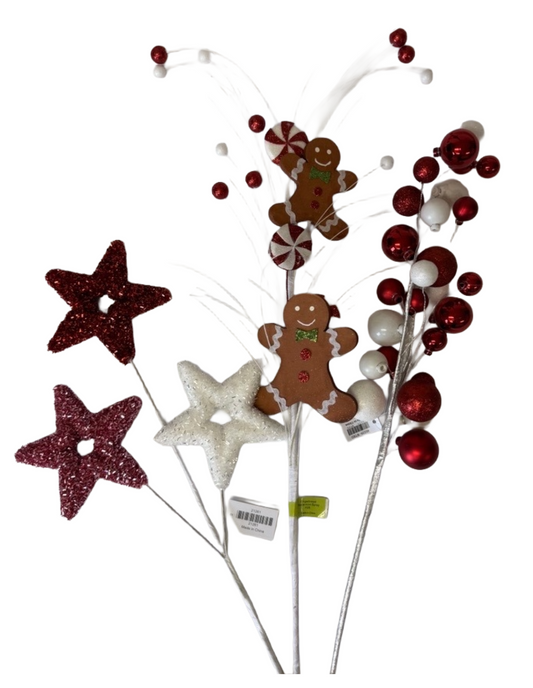 Christmas Decorative Sprays – 21" Tinsel Star Spray (3 Stems), 30" White Red Glitter Mixed Ball Spray, 28" Brown Gingerbread Peppermint Spray - Set of 3