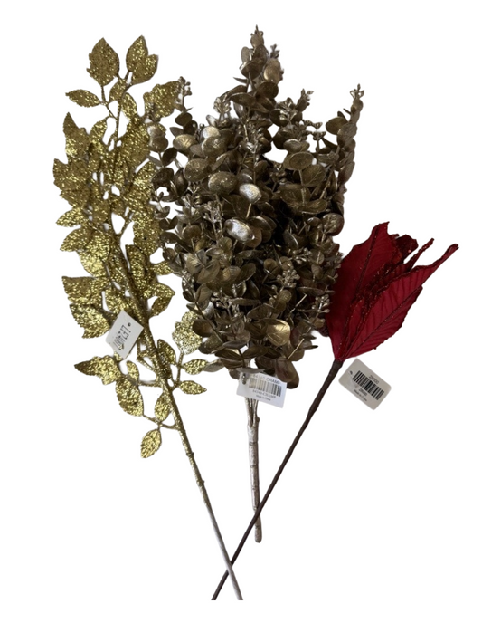 Christmas Decorative Sprays – 20" Champagne Glitter Eucalyptus Spray, 13" Velvet Glitter Poinsettia Pick, 28" Gold Glitter Leaves Spray - Set of 3