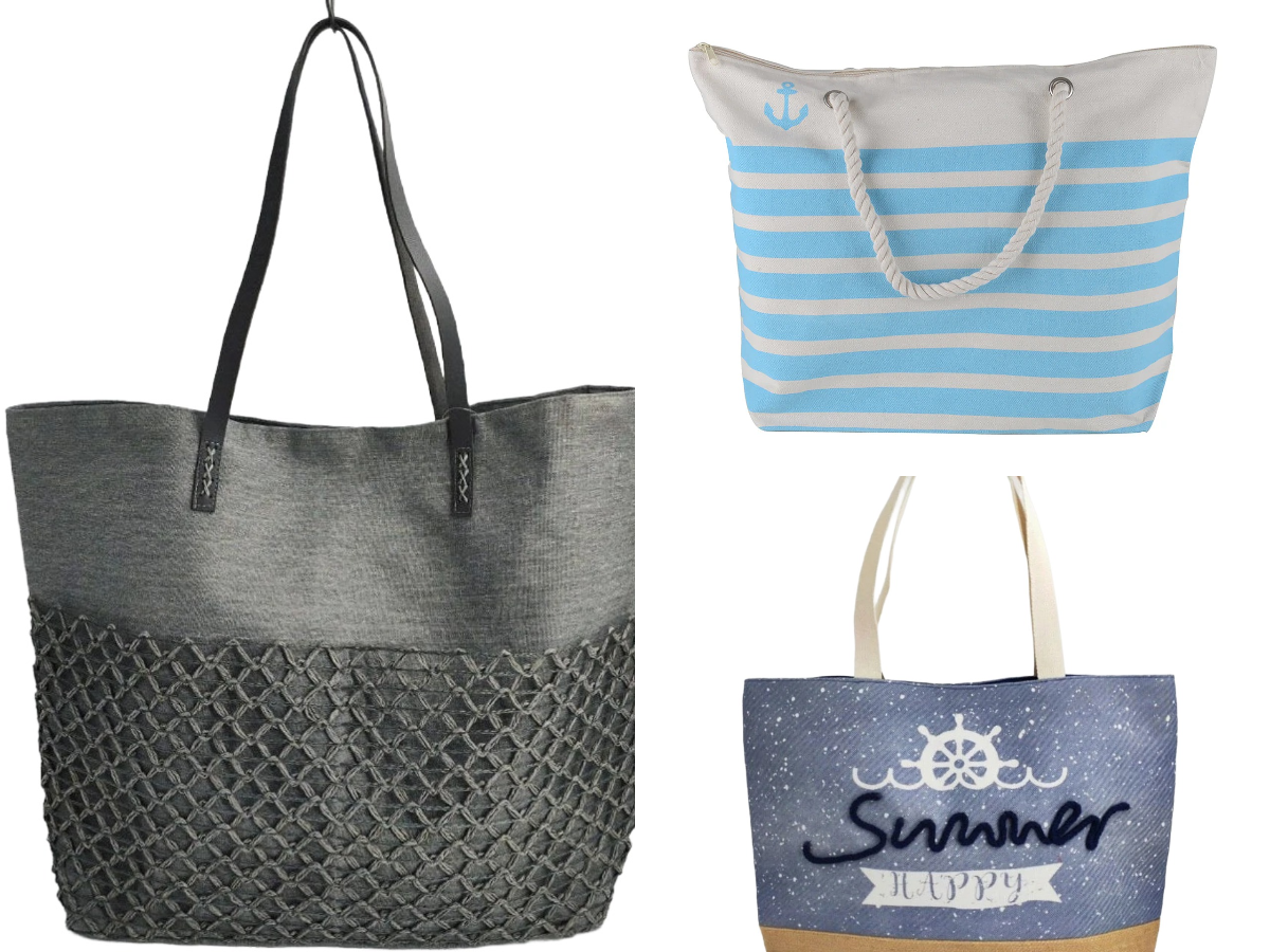 Women’s Beach Tote Bags Combo Set of 3 – Summer, Baby Blue Striped & Silver Fashion Large Canvas Pool & Travel Totes