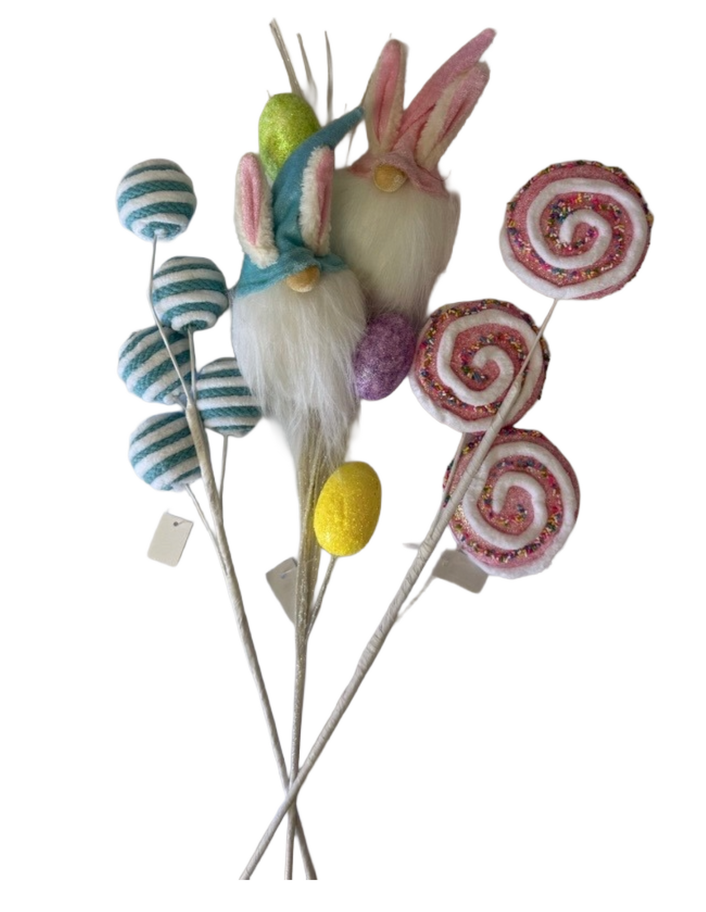 Easter Decorative Sprays – 28" Pink/Blue/Green/Yellow/Lavender Fabric Glitter Easter Gnome Spray, 23.5" Pink Sprinkle Lollipop Spray, 19.5" Ice Blue/White Yarn Striped Ball Spray (5 pcs) - Set of 3