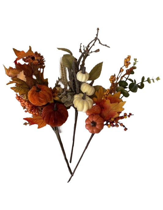 Artificial Fall Picks – 18" Velvet Pumpkin Aster, 17" Pumpkin Maple Berries Fall Picks, 18" Cream Pumpkin Fall Pick - Set of 3