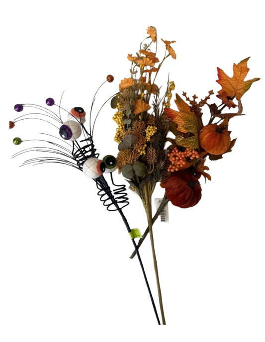 Artificial Halloween & Fall Picks – 18" Velvet Pumpkin Aster, 23" Glitter Eyeball Pick, 24" Mixed Fall Filler Spray (Yellow) - Set of 3