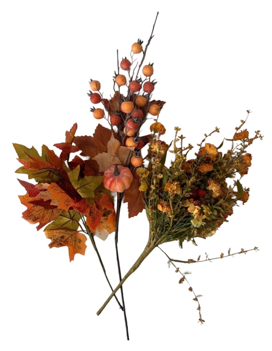 Artificial Fall Picks – 14" Maple Leaf Fall Spray, 26" Maple & Pumpkin Fall Picks, 18" Mini Mum Mixed Bush - Set of 3