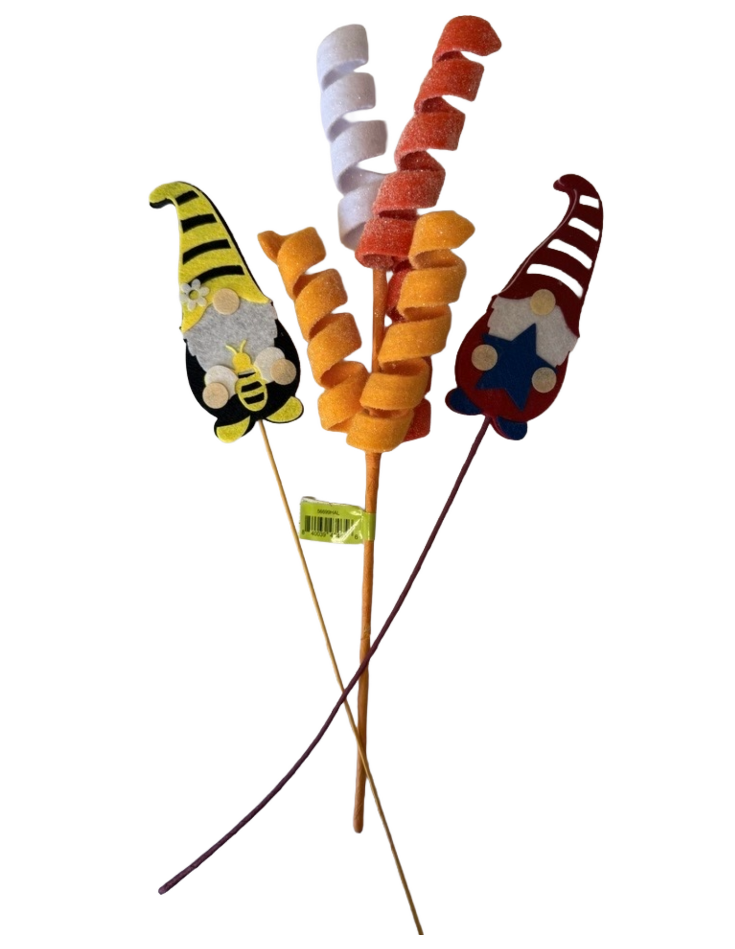 Decorative Picks – 16" Candy Corn Frizzy Curly Pick, 17" Bee Gnome Pick (White/Yellow/Black), 17" Patriotic Gnome Pick (White/Red/Royal Blue) - Set of 3