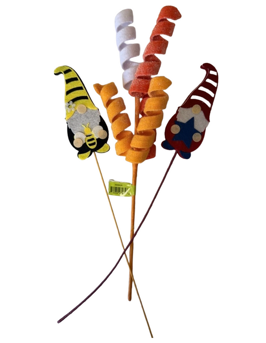 Decorative Picks – 16" Candy Corn Frizzy Curly Pick, 17" Bee Gnome Pick (White/Yellow/Black), 17" Patriotic Gnome Pick (White/Red/Royal Blue) - Set of 3