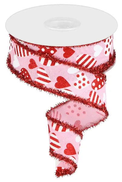 Light Pink / White Red - Valentine Hearts Tinsel Ribbon - ( 1-1/2 Inch | 10 Yards )