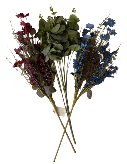 Artificial Fall Picks – 24" Mixed Fall Filler Spray (Blue), 20" Eucalyptus Bush (4 Stems), 24" Mixed Fall Filler Spray (Burgundy) - Set of 3