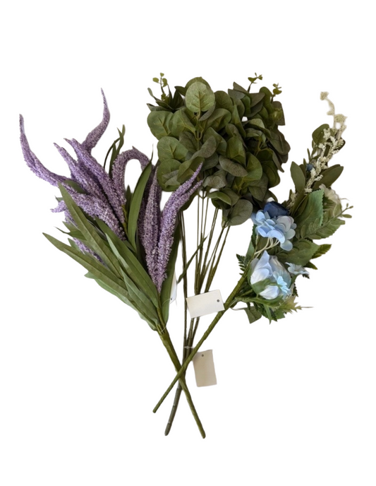 Artificial Floral Stems – 20" Rose Hydrangea Spray, 20" Eucalyptus Bush (4 Stems), 21" Purple Foxtail Bush - Set of 3