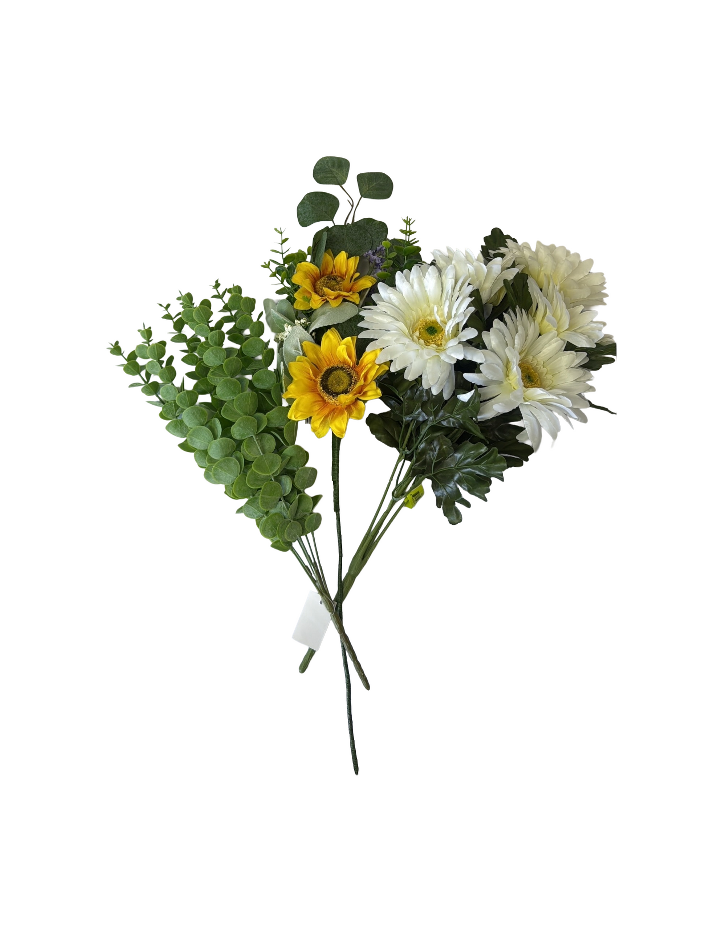 Artificial Floral Stems – 18" Green Eucalyptus Bush, 27" Sunflower Spray, 20" Cream Satin Gerber Daisy Bush (7 Stems) - Set of 3