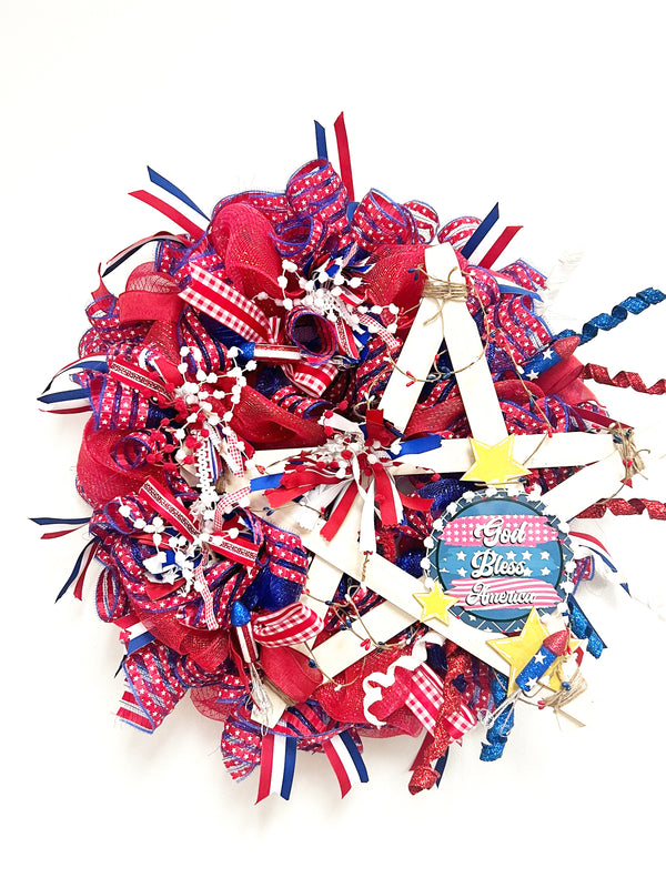 Fourth of July Wreath "God Bless America"- Made By Designer Genine
