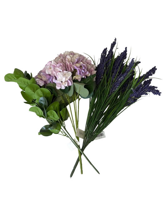 Artificial Floral Stems – 19" Green Eucalyptus Spray, 18" Lavender Hydrangea (5 Stems), 22" Purple Astilbe Bush (12 Stems) - Set of 3