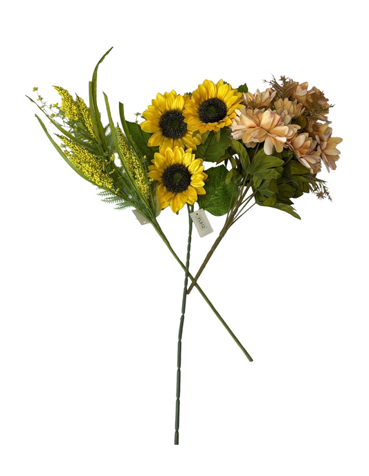 Artificial Floral Stems – 26" Yellow Heather Spray, 34" Sunflower Pick, 19" Tan Mixed Flower Bush (11 Stems) - Set of 3