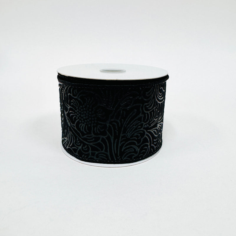 Black Flower Embossed Wired Ribbon - 2-1/2 Inch x 10 Yards