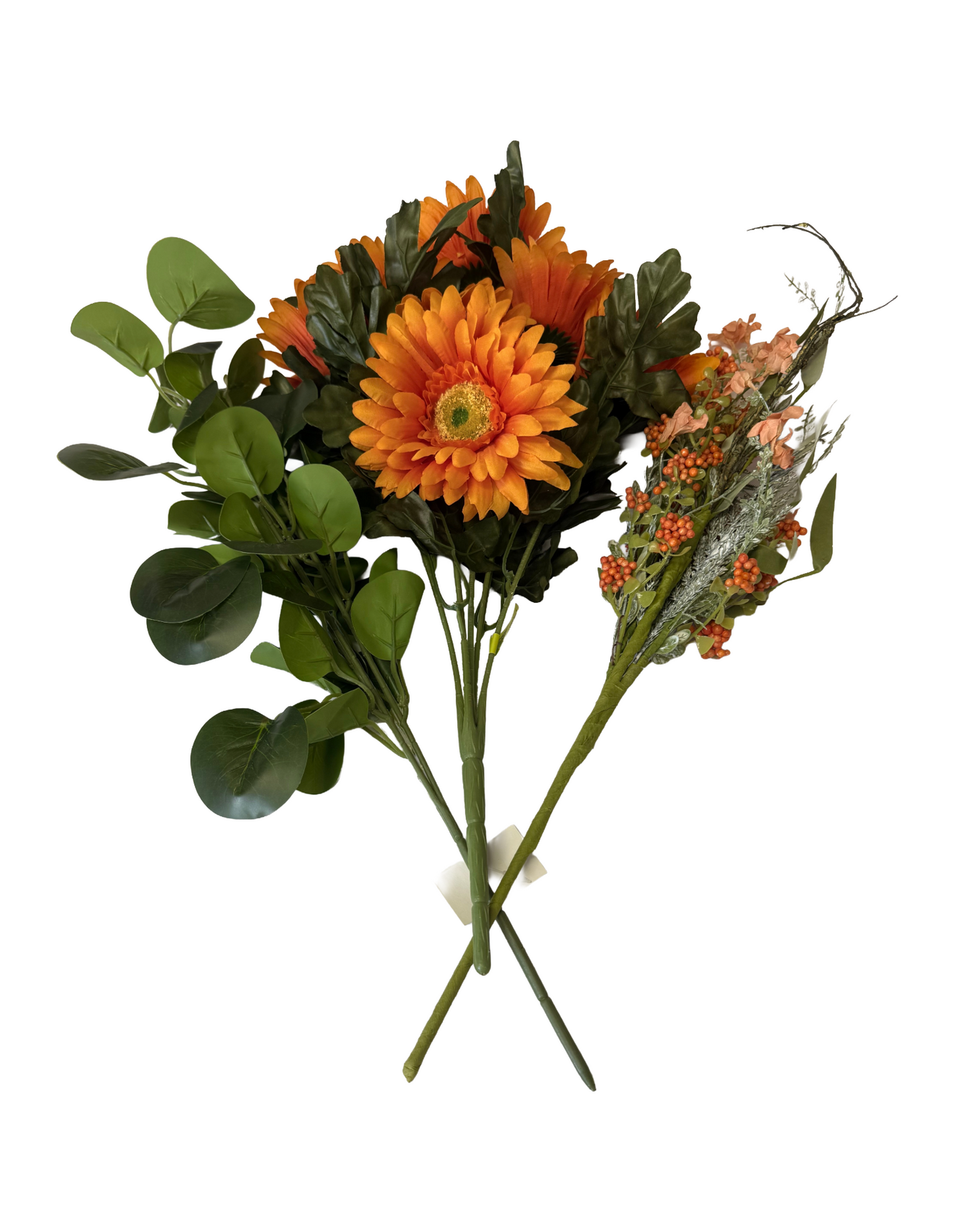 Artificial Floral Stems – 20" Orange Satin Gerber Daisy Bush (7 Stems), 23" Orange Berry Spray, 19" Green Eucalyptus Spray - Set of 3