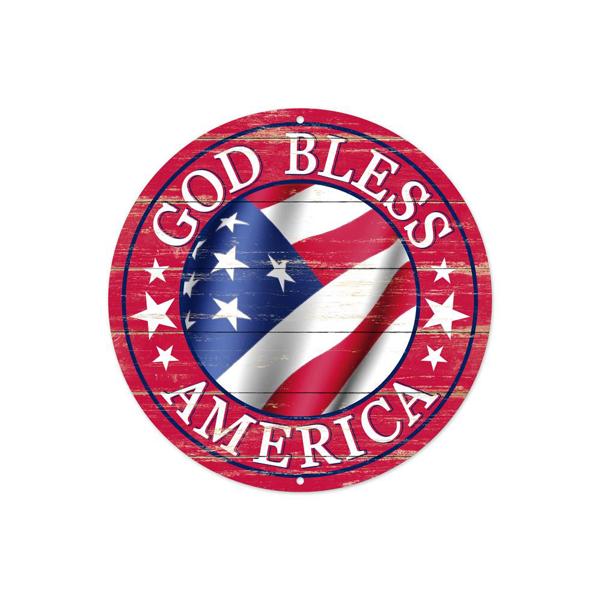 8 Inch Dia - God Bless America Sign - Antique Red White Blue BBCrafts.com