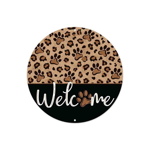 8 Inch Dia - Leopard Pawprint Welcome Sign - Brown Tan Black White BBCrafts.com