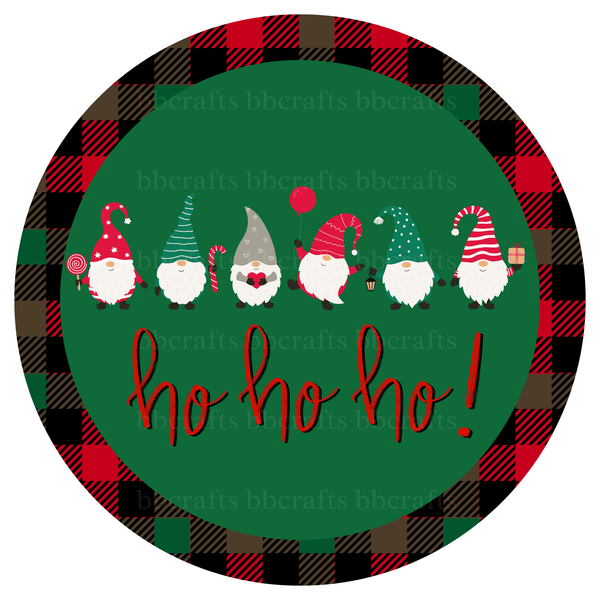 8 Inch Round Christmas Metal Sign: HO - HO - HO - Wreath Accents - Made In USA BBCrafts.com